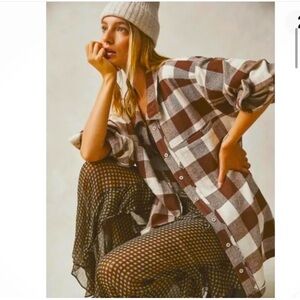 Free People We The Free So Long Summer Oversized Plaid Button Down Brown Plaid